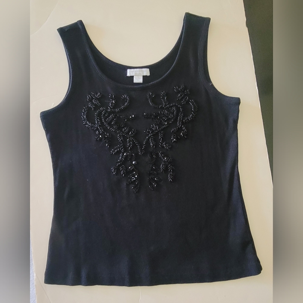 Embellished Cotton Knit Dressy Tank Black Small